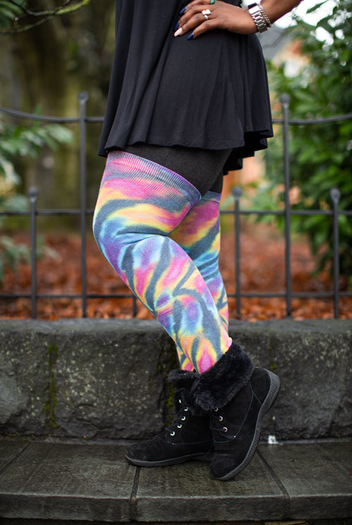 Extraordinarily Longer Tie Dye Thigh High - Black Rainbow Spiral