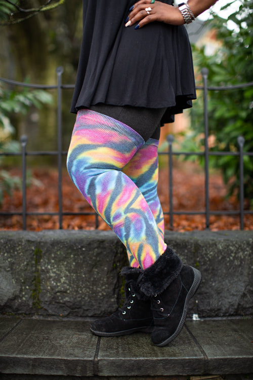 Extraordinarily Longer Tie Dye Thigh High - Black Rainbow Spiral