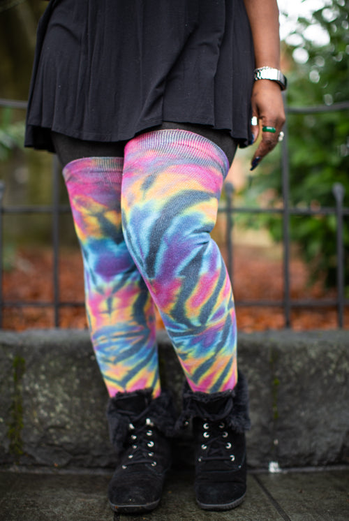 Extraordinarily Longer Tie Dye Thigh High - Black Rainbow Spiral