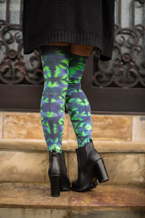 Longer Tie Dyed Extraordinary Thigh High - Blue/Teal/Black Crinkle
