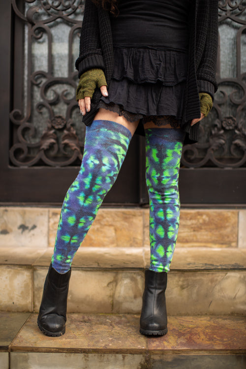 Longer Tie Dyed Extraordinary Thigh High - Blue/Teal/Black Crinkle