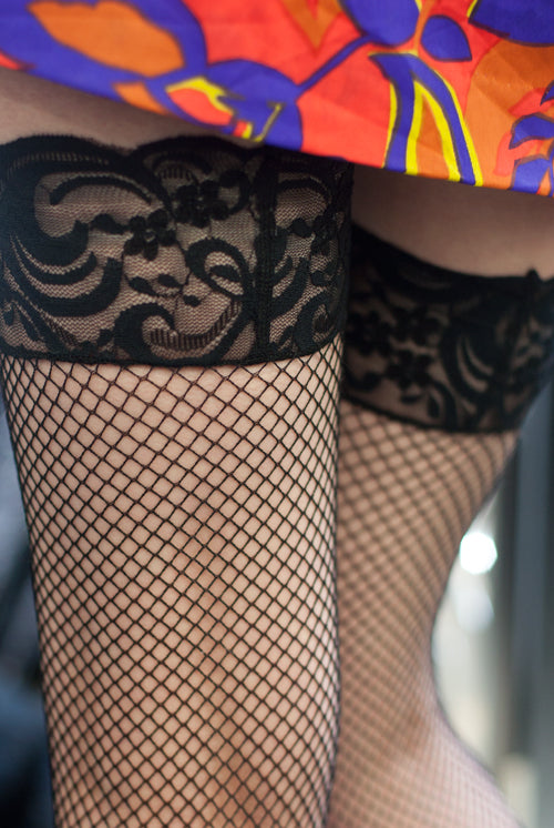 Fishnet Stockings with Stay-Up Lace Top - Black