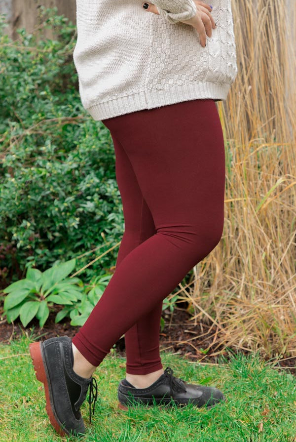 Plus Size High Waisted Full Length Leggings - Burgundy