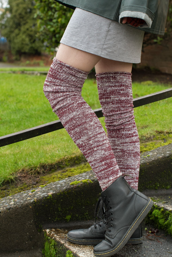 Marled Scrunchable Thigh High Socks - Dark Red