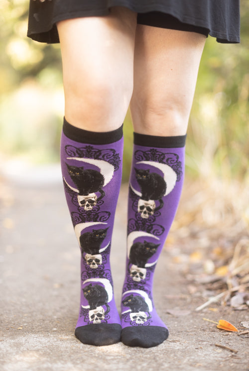 Black Cat Moon Knee High - Purple