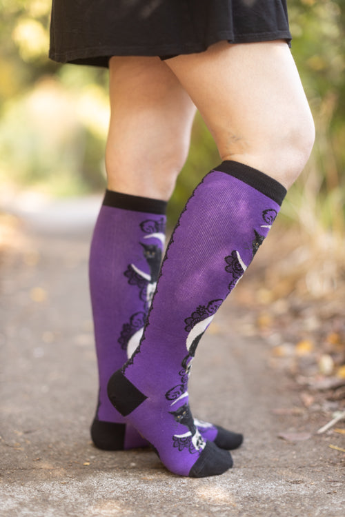 Black Cat Moon Knee High - Purple