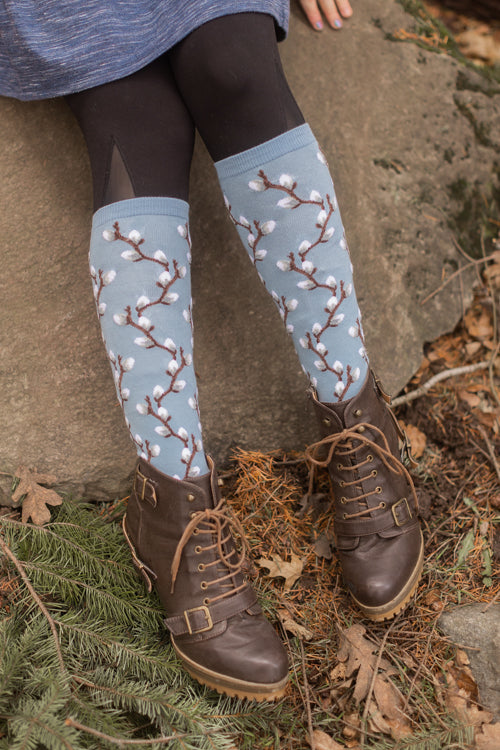 Pussy Willows Knee High - Slate Blue