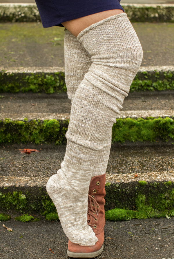 Marled Scrunchable Thigh High Socks - Latte