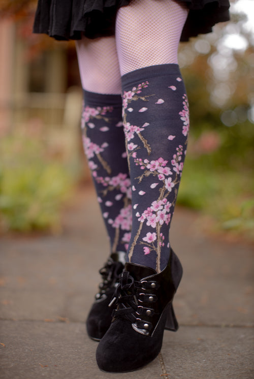 Cherry Blossom Knee High - Deep Navy