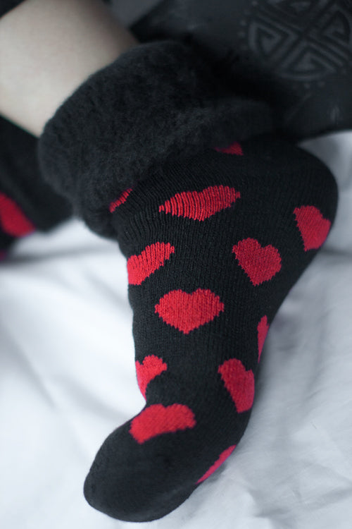 New Zealand Bed Socks with Hearts - Black with Red Hearts