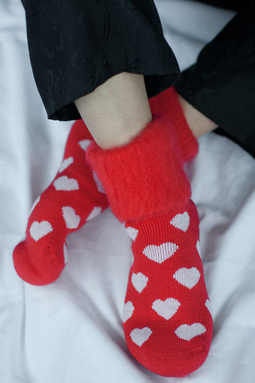 New Zealand Bed Socks with Hearts - Red with White Hearts