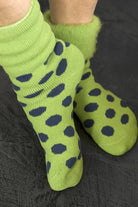 New Zealand Bed Socks with Polka Dots - Apple with Denim Dots