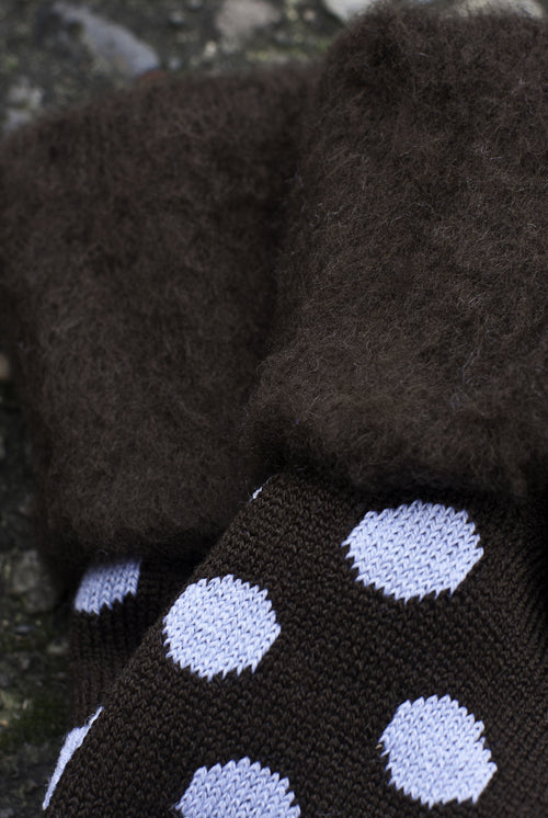 New Zealand Bed Socks with Polka Dots - Chocolate with Sky Blue