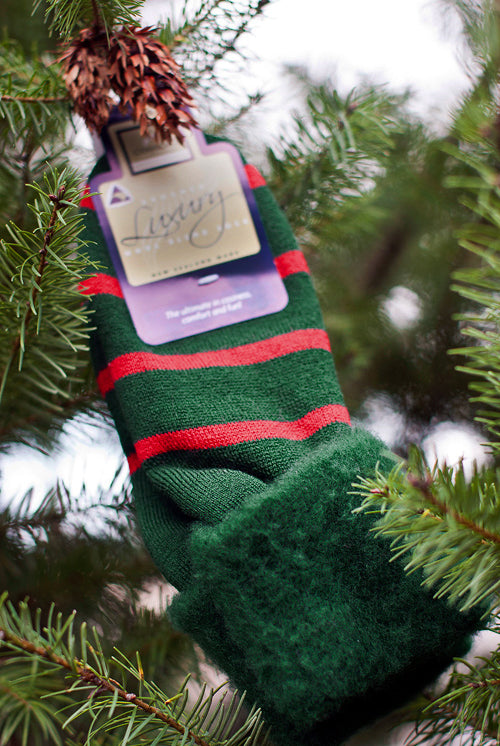 New Zealand Bed Socks with Stripes - Hunter with Red