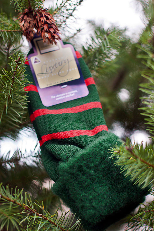 New Zealand Bed Socks with Stripes - Hunter with Red