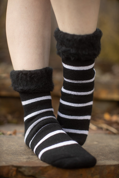 New Zealand Bed Socks with Stripes - Black with Winter White