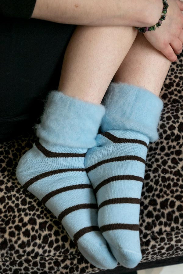 New Zealand Bed Socks with Stripes - Sky with Chocolate