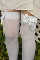 Opaque Thigh High Stockings with Bow - White
