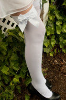 Opaque Thigh High Stockings with Bow - White