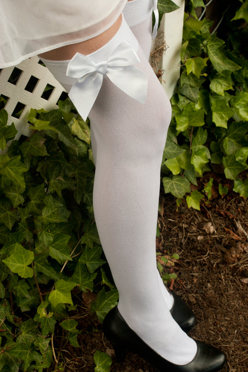 Opaque Thigh High Stockings with Bow - White