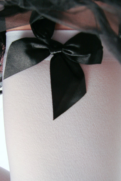 Opaque Thigh High Stockings with Bow - White with Black