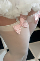 Opaque Thigh High Stockings with Bow - White with Pink