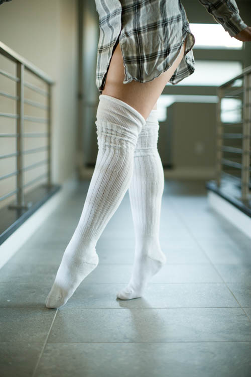 M45 Ribbed Thigh High with Roll Top - White