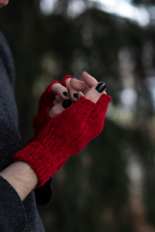 Chenille Fingerless Gloves - Red