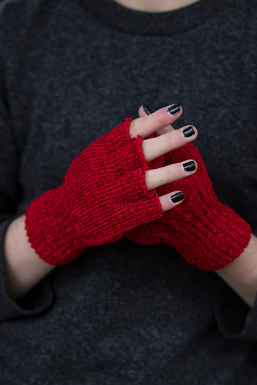 Chenille Fingerless Gloves - Red