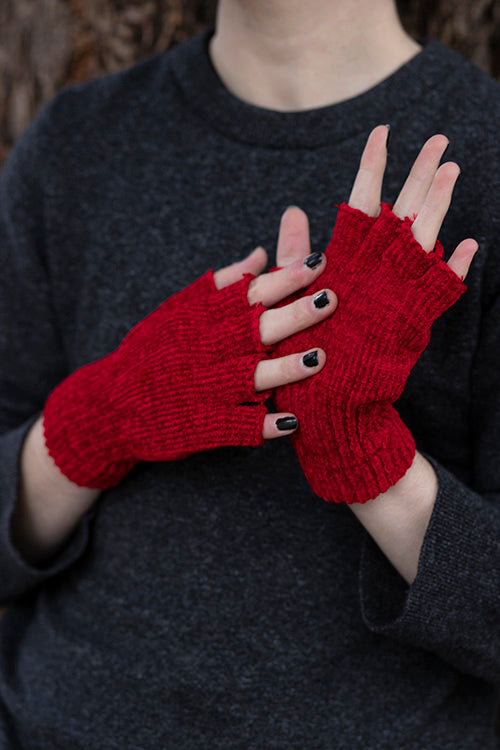 Chenille Fingerless Gloves - Red
