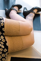 Plus Size Sheer Stockings with Lace Stay-Up Top - Beige