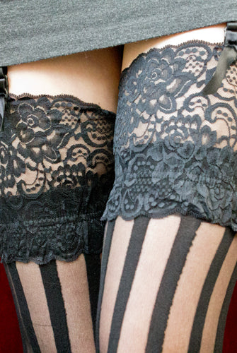 Sheer Vertical Striped Stockings with Lace
