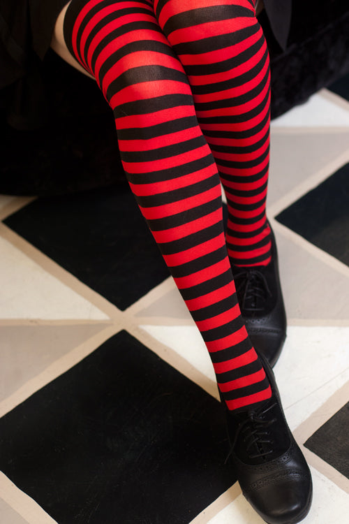 Striped Nylon Thigh High - Black & Red