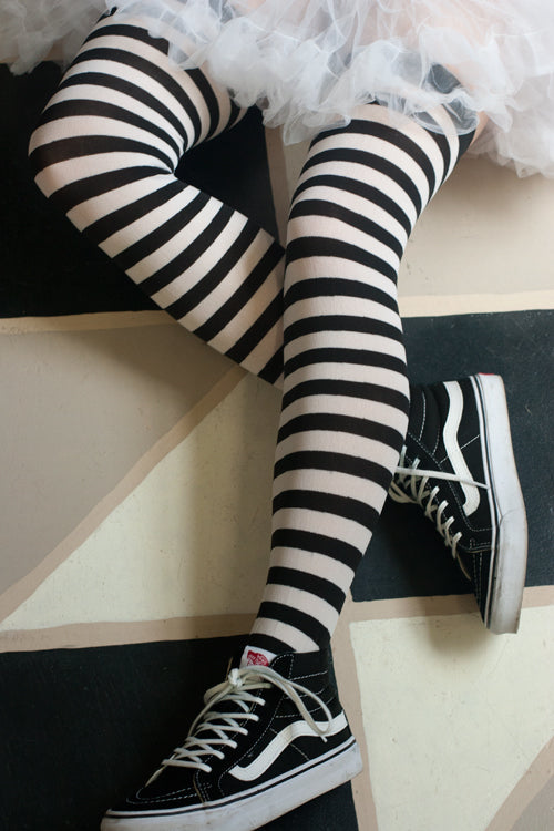 Striped Nylon Thigh High - Black & White