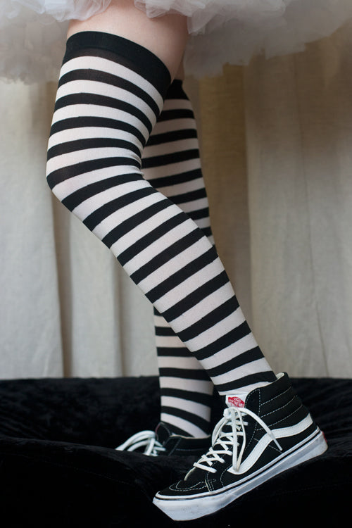 Striped Nylon Thigh High - Black & White