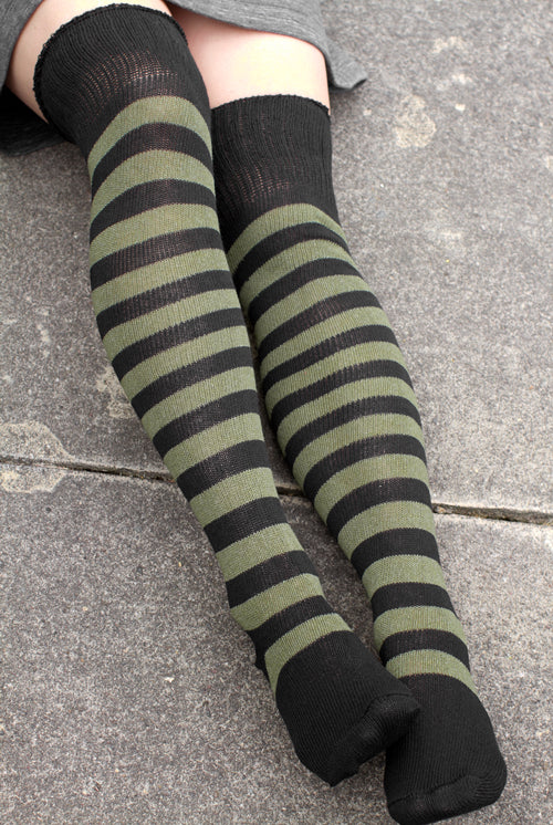 Super Stripes Knee Socks - Black/Olive