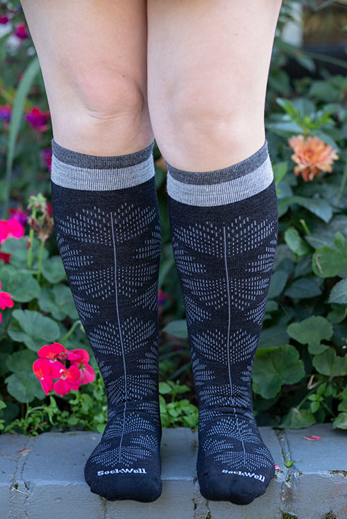 Full Floral Compression Knee High - Black - Medium/Large