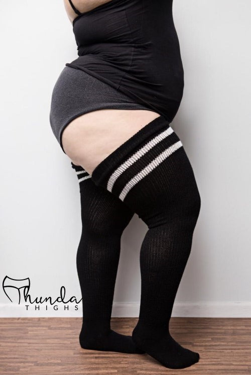 Thunda Thighs Top Stripe Thigh Highs - Black with White