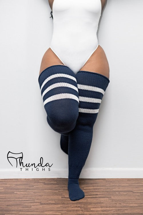 Thunda Thighs Top Stripe Thigh Highs - Navy/White