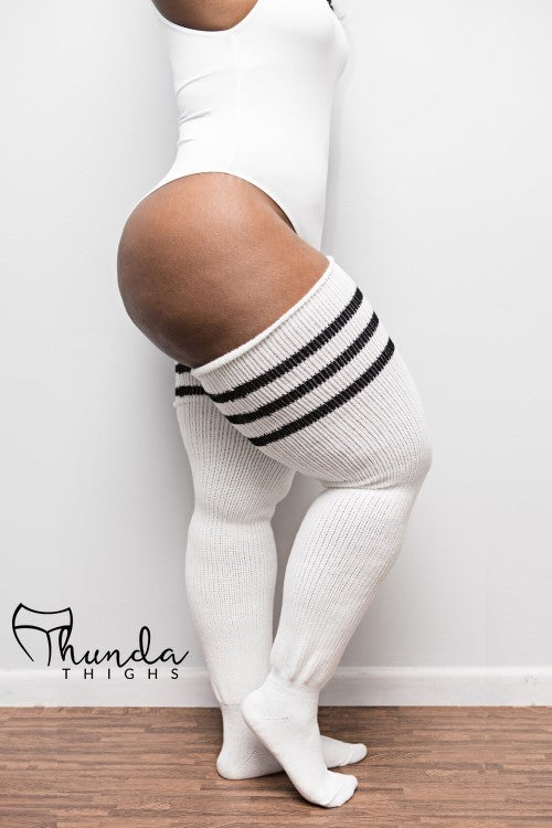Thunda Thighs Top Stripe Thigh Highs - White/Black