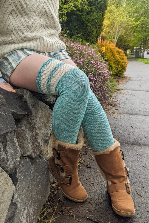 Top-Striped Marled Scrunchable Thigh High Socks - seafoam with sweet cream