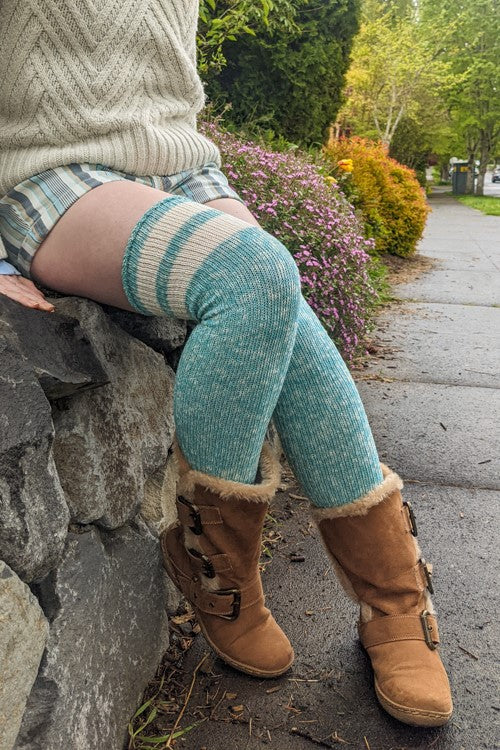 Top-Striped Marled Scrunchable Thigh High Socks - seafoam with sweet cream