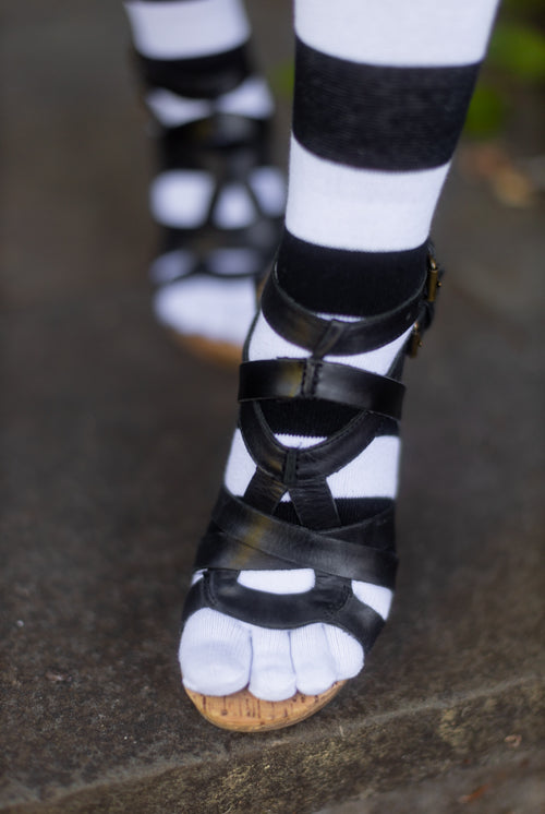Striped Over the Knee Toe Socks - Black/White