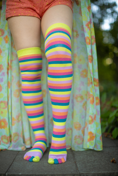 Striped Over the Knee Toe Socks - Flamingo