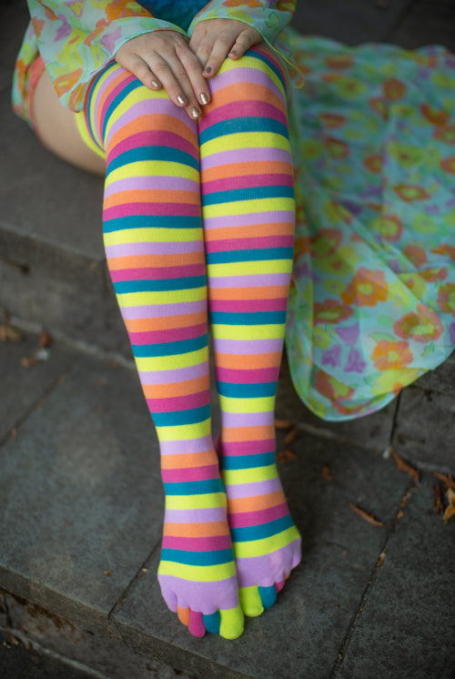 Striped Over the Knee Toe Socks - Flamingo