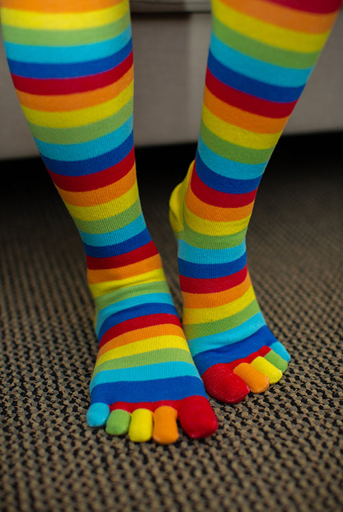 Striped Over the Knee Toe Socks - Rainbow