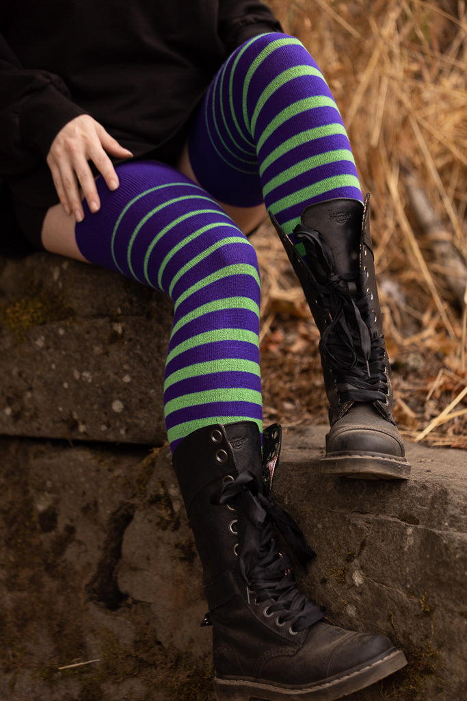 Monster mash gradient striped thigh highs in Purple and neon green