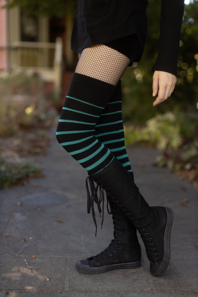 Acrylic Gradient Stripes Extraordinary Thigh High - black and teal