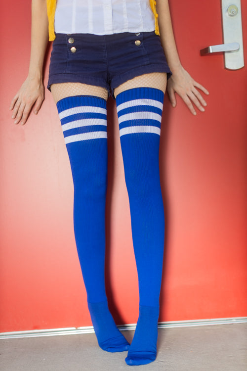 Longer Americana Thigh High Socks - Royal & White