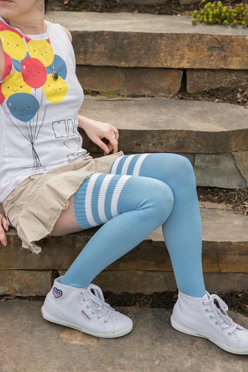 Longer Americana Thigh High Socks - sky blue with white